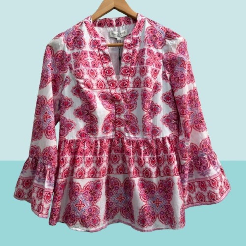 NEW Hale Bob Leela Voile Blouse Pink Paisley Mosaic Medallion Small
